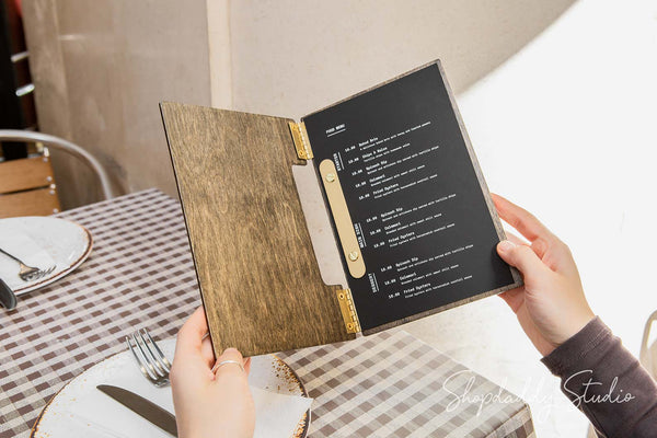 Walnut Wooden Album / Menu Holder with Brass Plank for restaurant