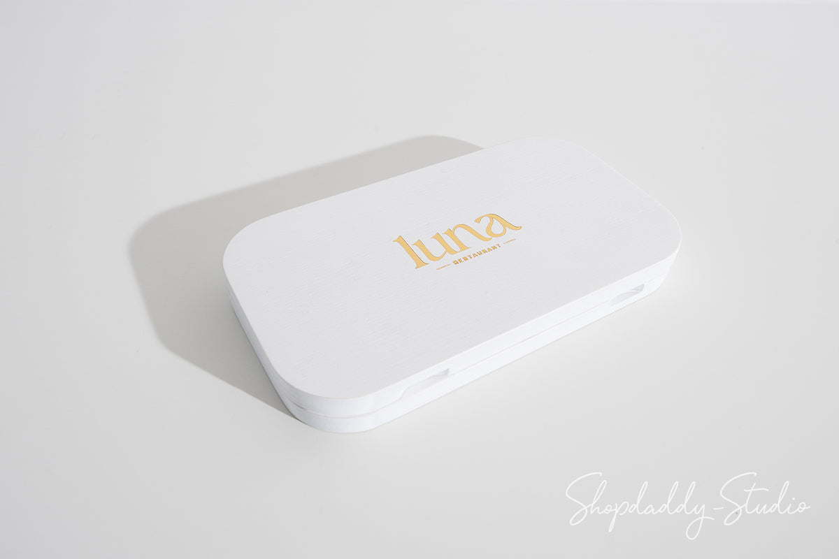 White Oval Wood Check Box With Magnets with gold logo