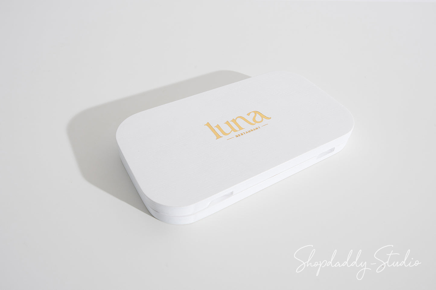 White Oval Wood Check Box With Magnets with gold logo