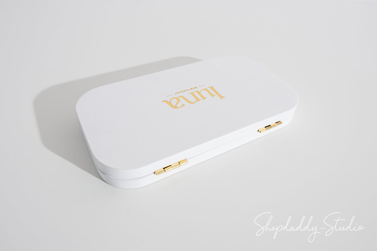White Oval Wood Check Box With Magnets with logo
