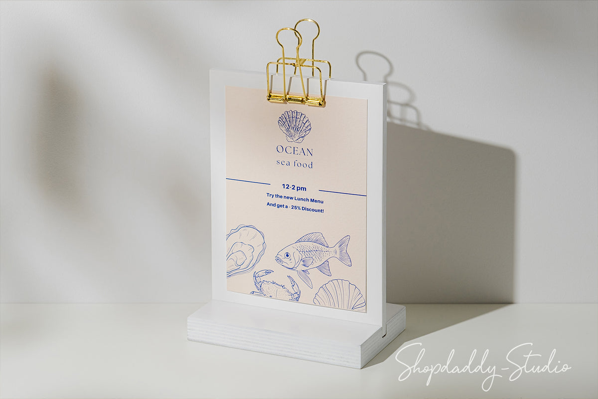 White Straight Wooden Table Display Stand With Golden Binder for restaurant