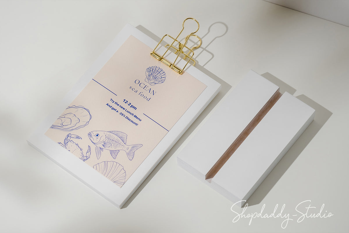 White Straight Wooden Table Menu Holder With Golden Binder for restaurant