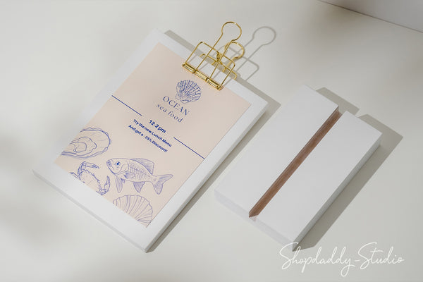 White Straight Wooden Table Menu Holder With Golden Binder for restaurant