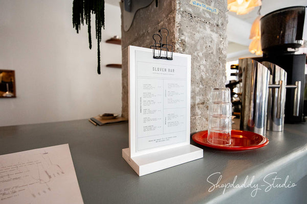 White Straight Wooden Table Stand With Black Binder for Hospitality