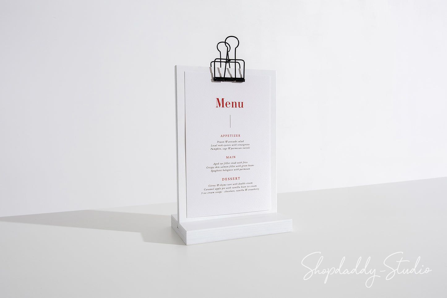 White Straight Wooden Table Stand With Black Binder for Tabletop Menus