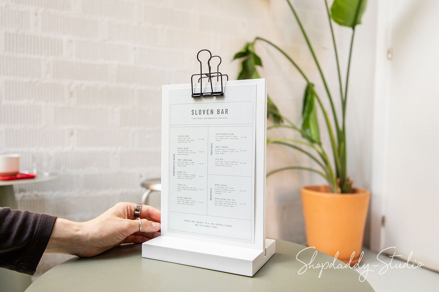 White Straight Wooden Table Stand With Black Binder with Logo