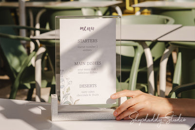 White Wooden/Acrylic Table Top Menu Stand for Restaurant