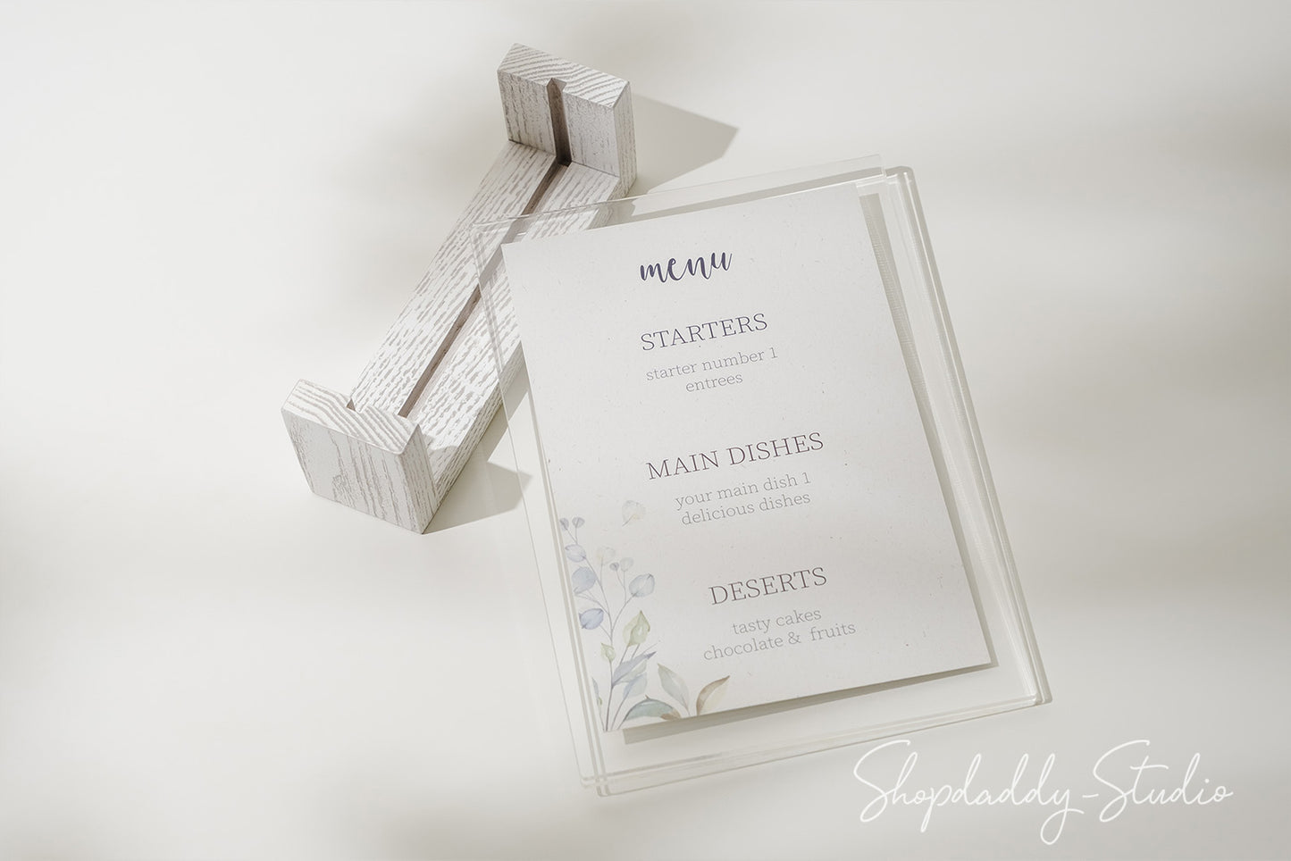 White Wooden/Acrylic Table Top Menu Stand in details