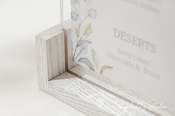 White Wooden/Acrylic Table Top Menu Stand in details 2