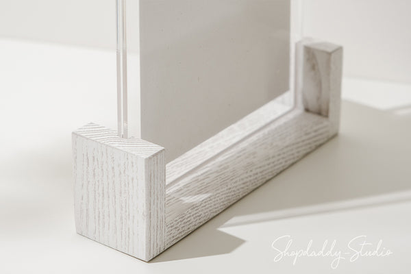 White Wooden/Acrylic Table Top Menu Stand in details 3