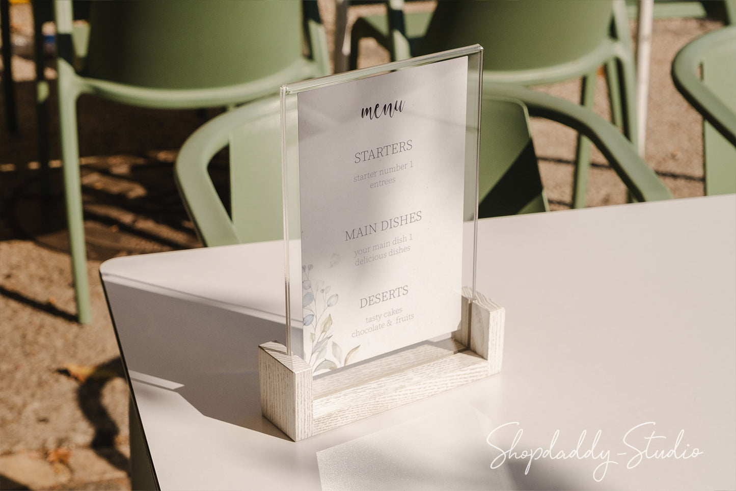 White Wooden/Acrylic Table Top Menu Stand with Logo
