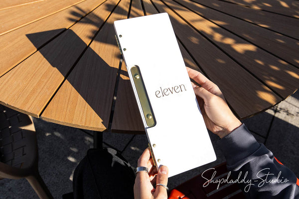 White Wooden Album / Menu Holder with Brass Plank for cafe