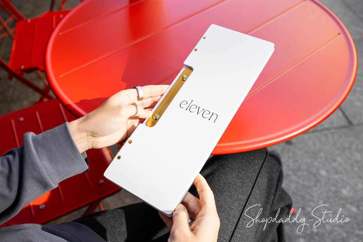 White Wooden Album / Menu Holder with Brass Plank with logo