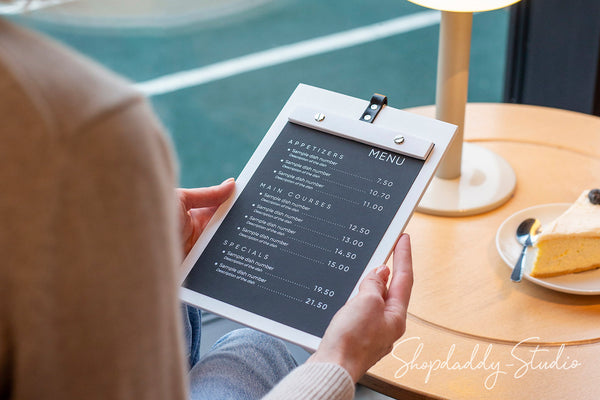 White Wooden Menu Board with Metal Ring for Cafes and Bars