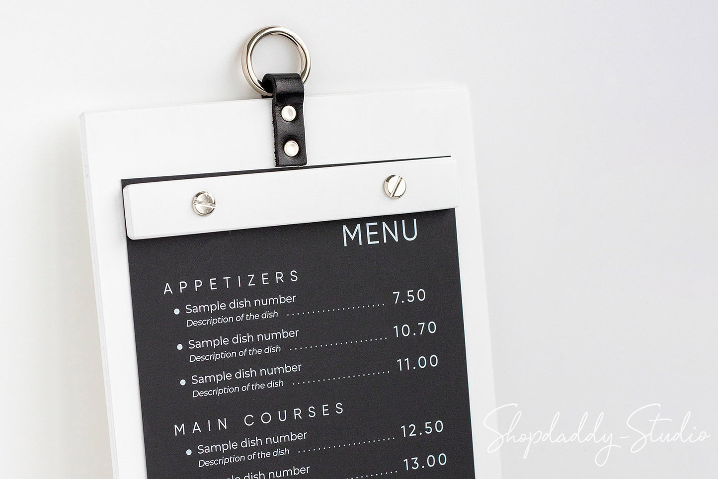 White Wooden Menu Board with Metal Ring for Hospitality