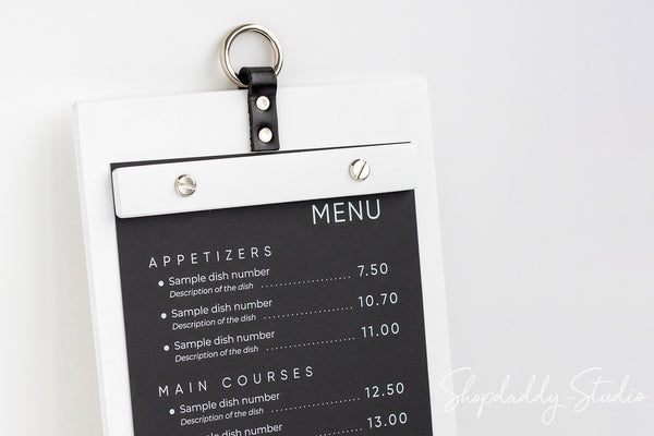 White Wooden Menu Board with Metal Ring for Hospitality