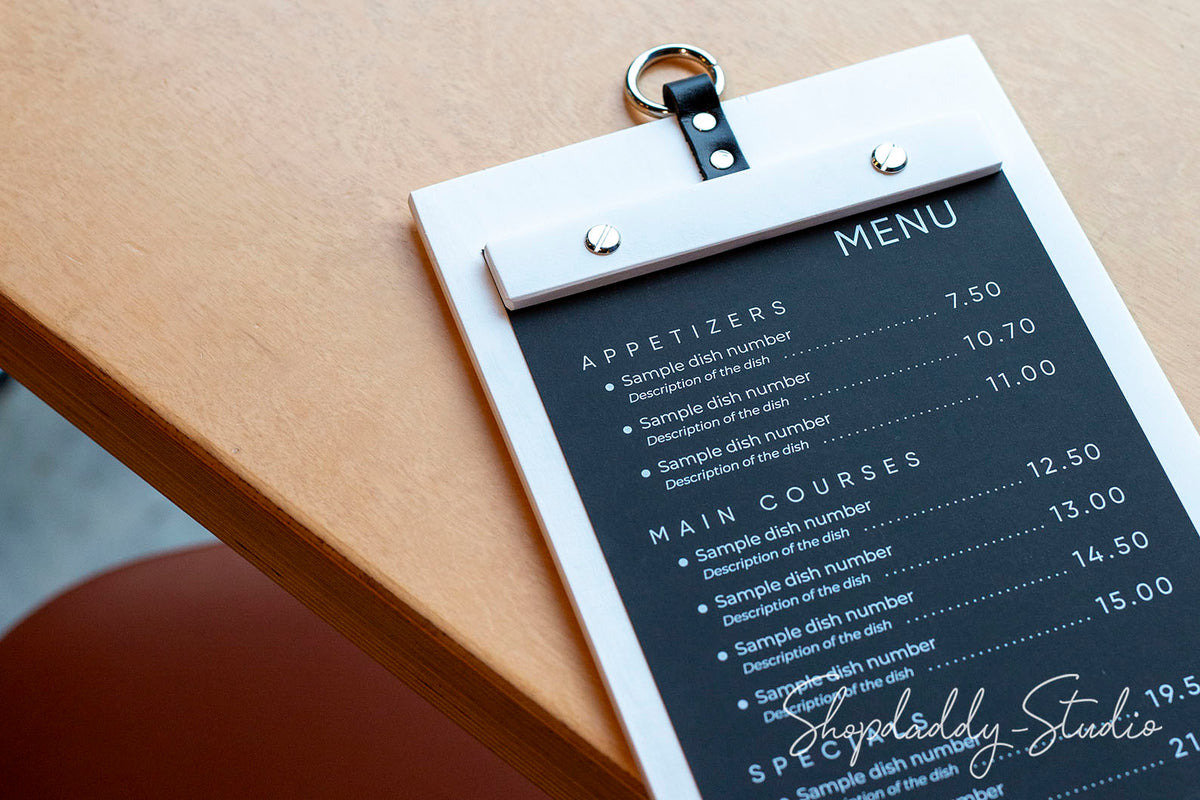 White Wooden Menu Board with Metal Ring for Menu Display