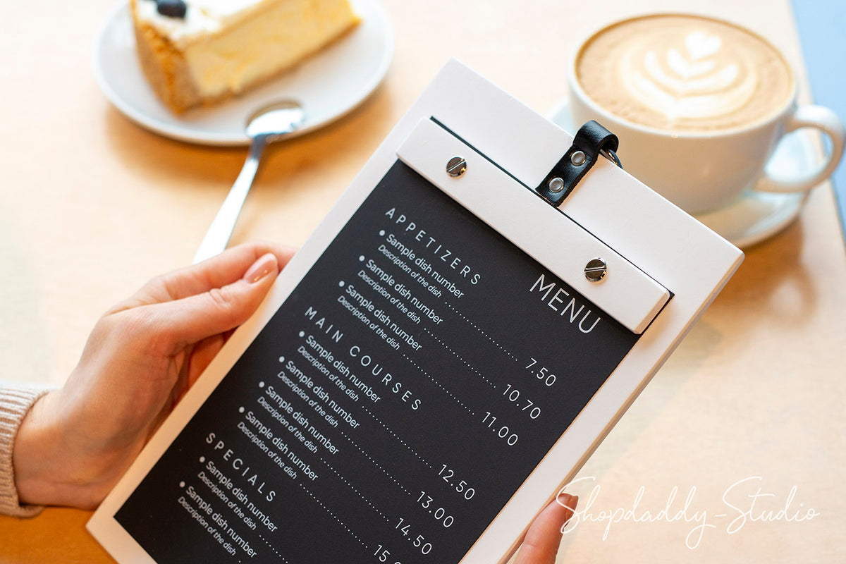 White Wooden Menu Board with Metal Ring for Restaurants