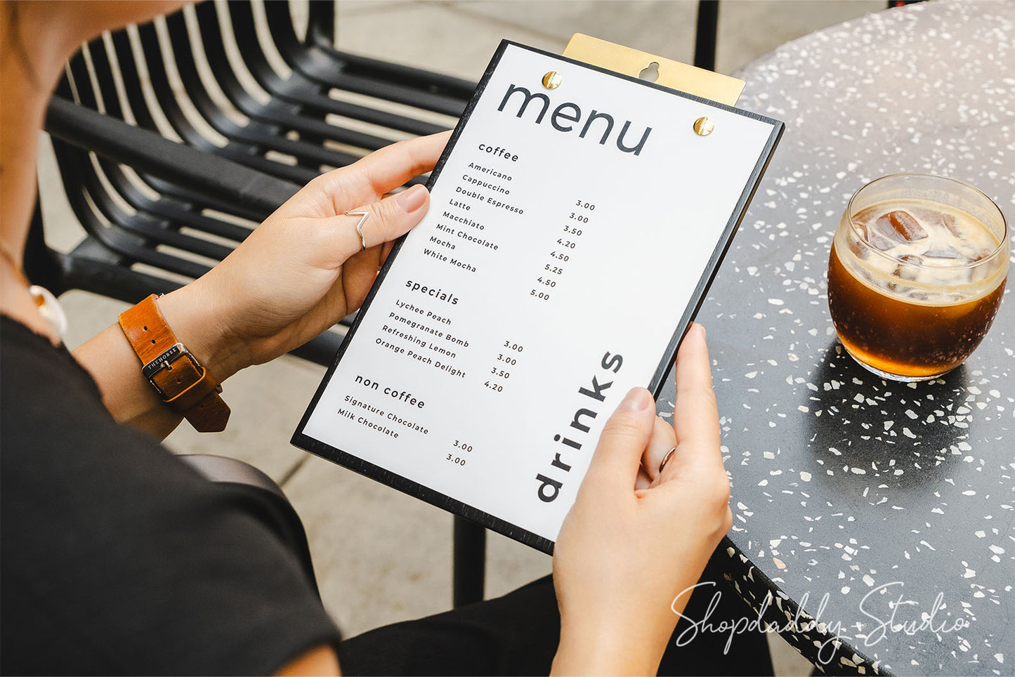Wood Black Menu Holder With Brass Wall Mount