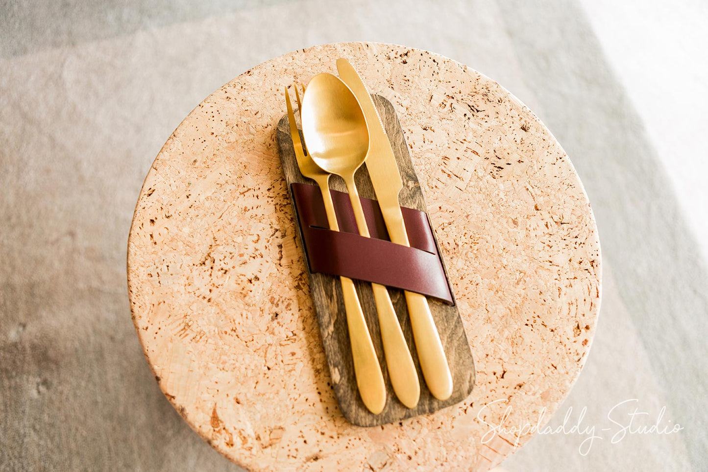 Wood Cutlery Holder With Leather Strap