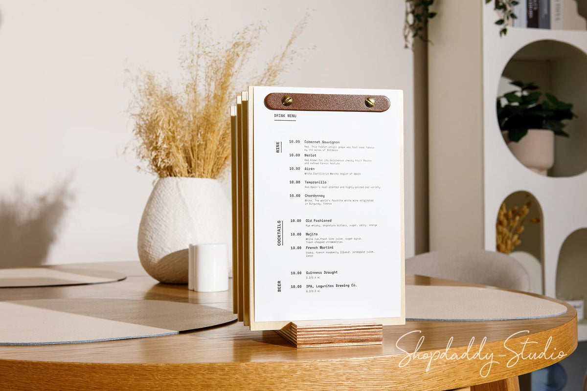 Wood Menu Board Set with Leather Plank