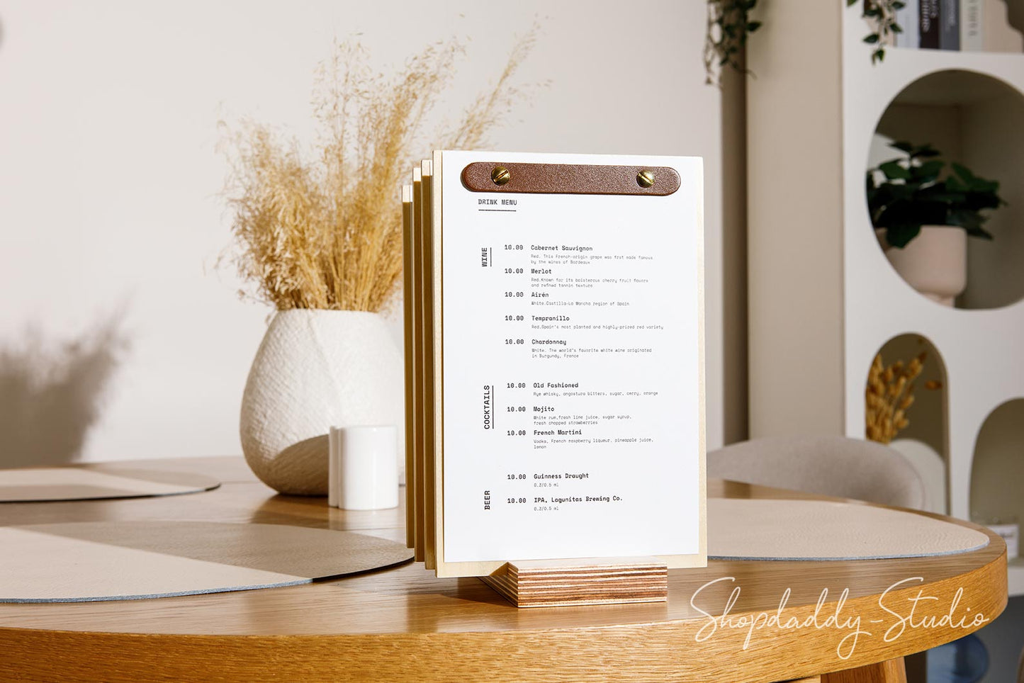 Wood Menu Board Set with Leather Plank