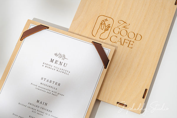 Wood Menu Board with Leather Corners for breakfast menu