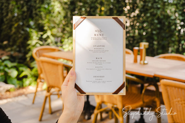 Wood Menu Board with Leather Corners for cafe