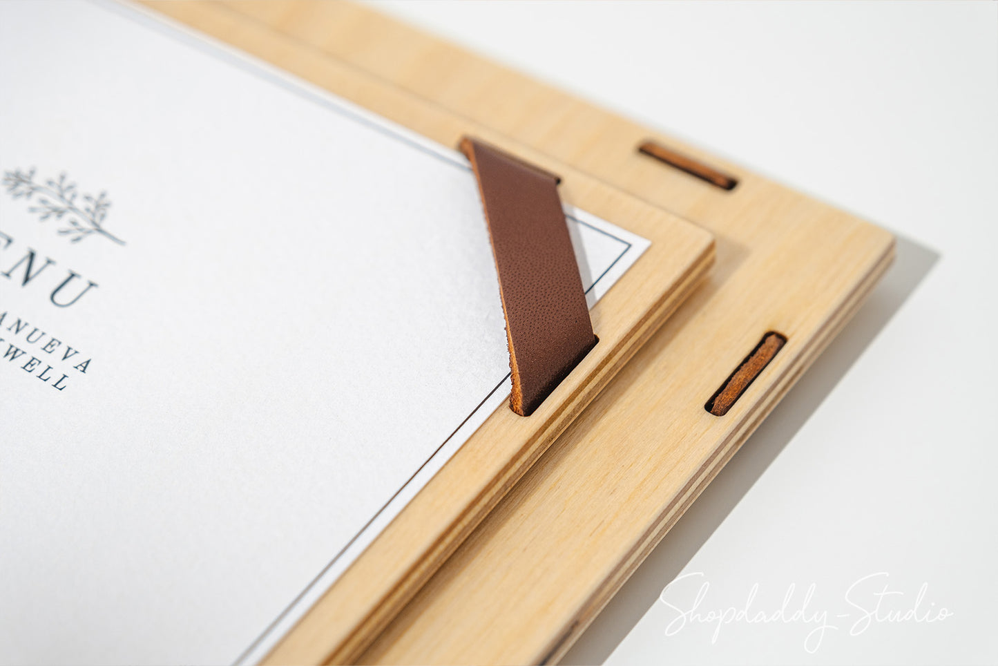 Wood Menu Board with Leather Corners for cocktail menu