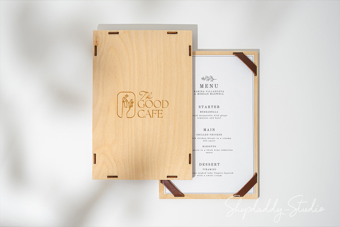 Wood Menu Board with Leather Corners for drink menu