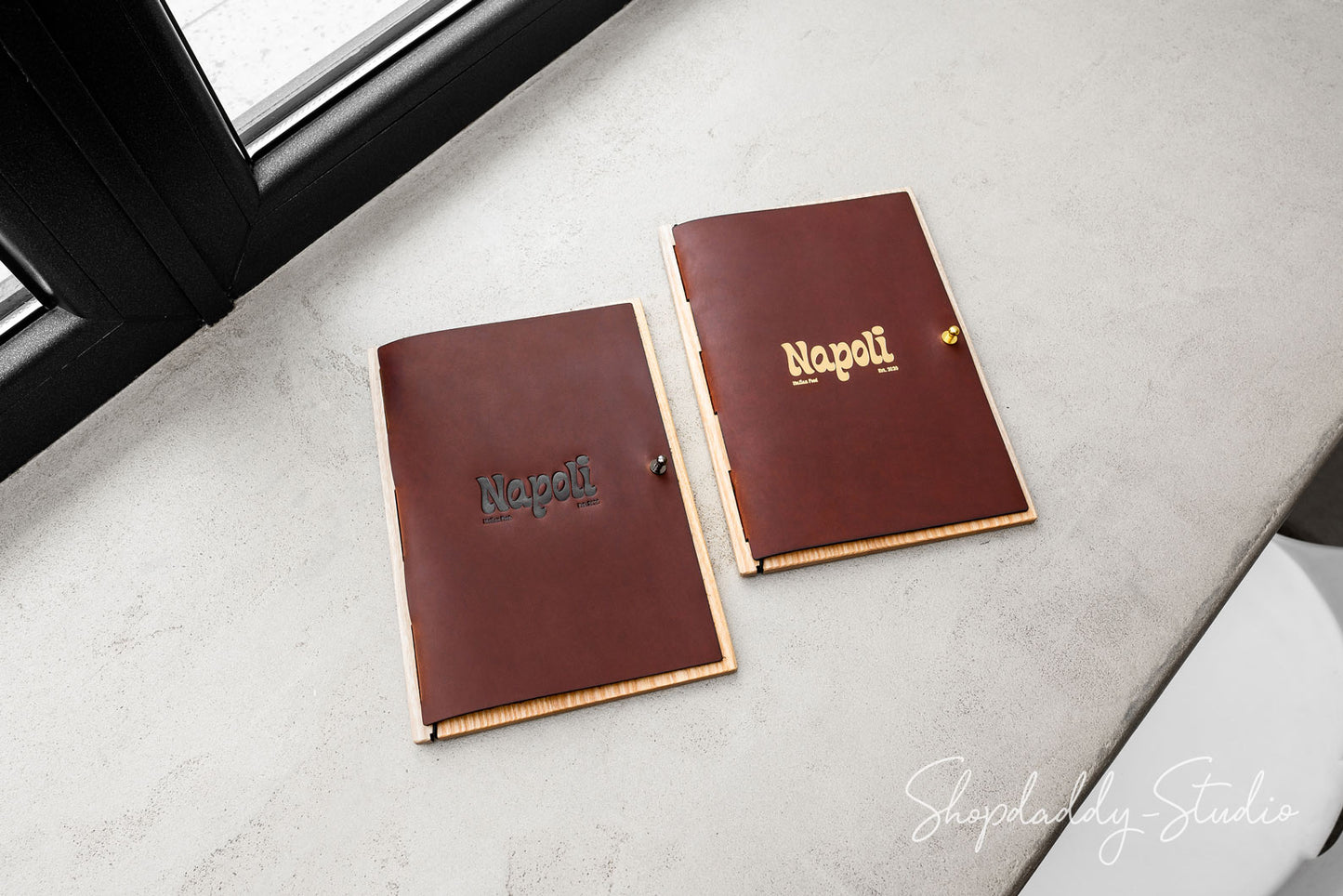Wood Menu Holder With Leather Cover