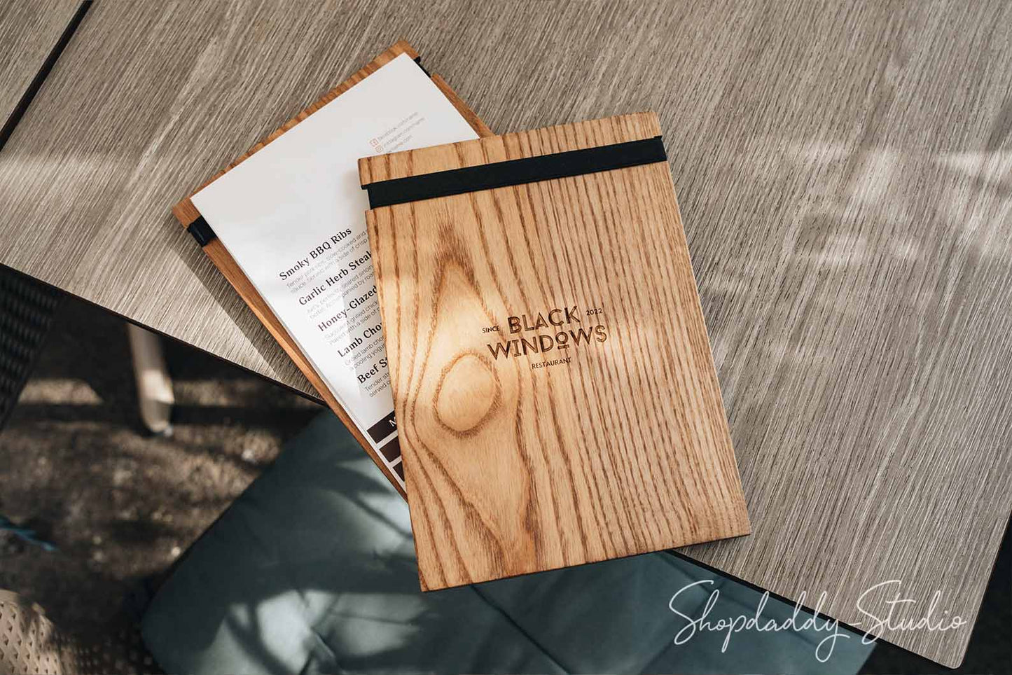 Wood Menu Holder with Elastic Band for cocktail menu