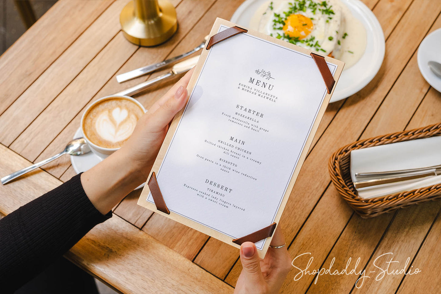 Wood Menu Holder with Leather Corners for restaurant