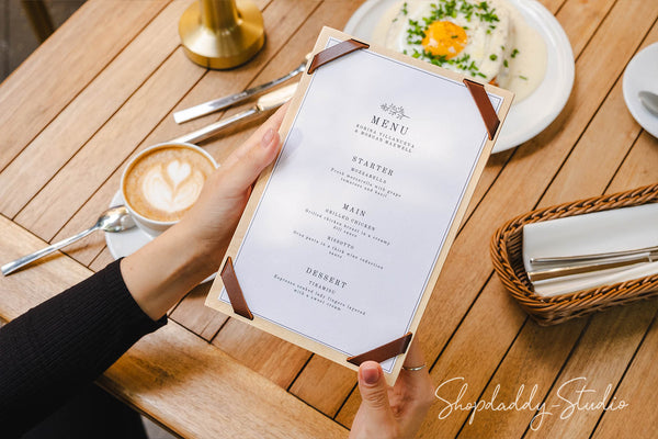 Wood Menu Holder with Leather Corners for restaurant