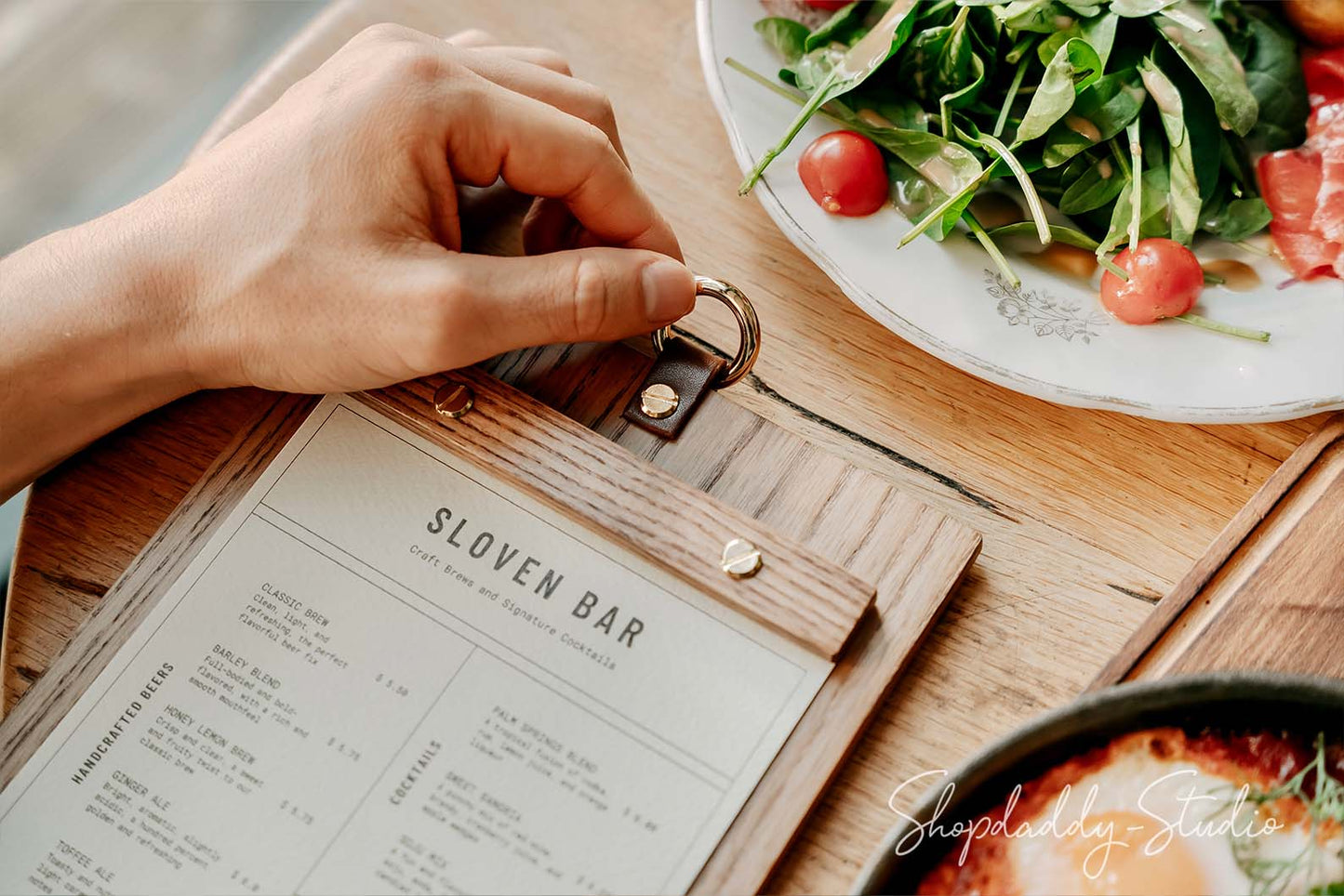 Wood Menu Holder with Metal Ring for cocktail menu
