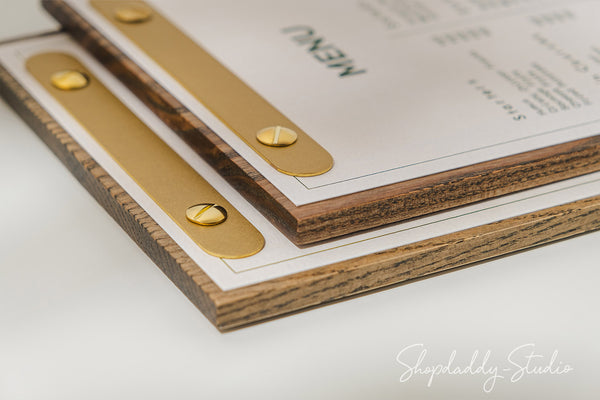 Wood Menu Holder with Rounded Brass Plank for cocktail menu