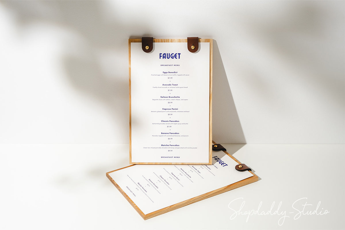 Wood Menu Holder with Two Leather Clasps
