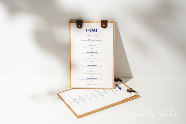 Wood Menu Holder with Two Leather Clasps