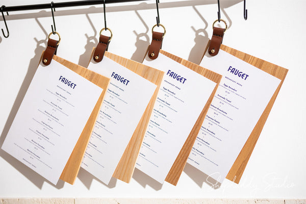 Wood Menu Holder with leather strap and metal ring