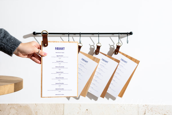 Wood Menu Holder with leather strap and metal ring for cocktail menu