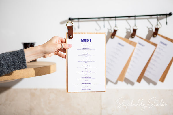 Wood Menu Holder with leather strap and metal ring for drink menu