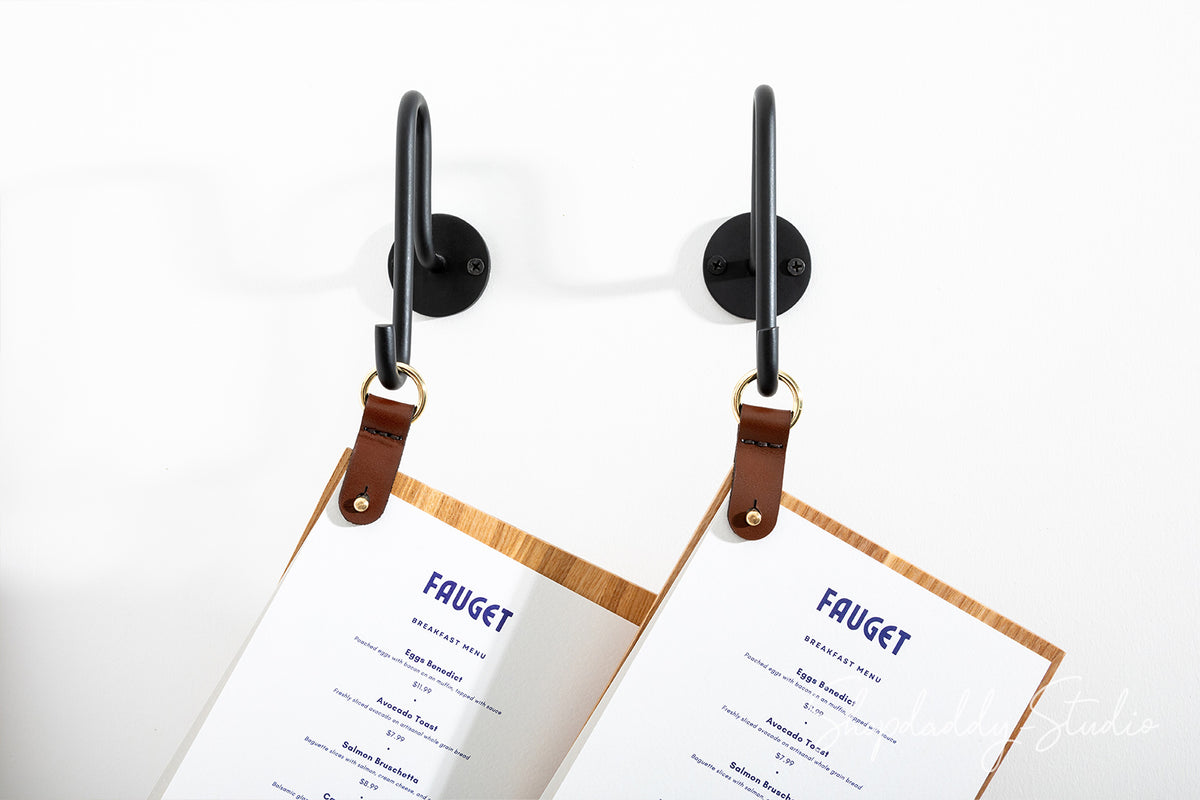 Wood Menu Holder with leather strap and metal ring for wine list