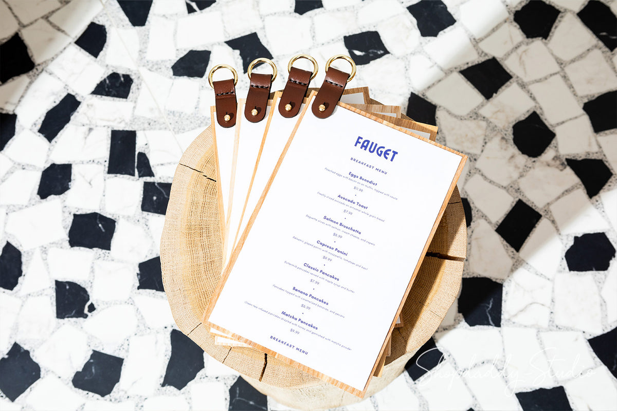 Wood Menu Holder with leather strap for cocktail menu