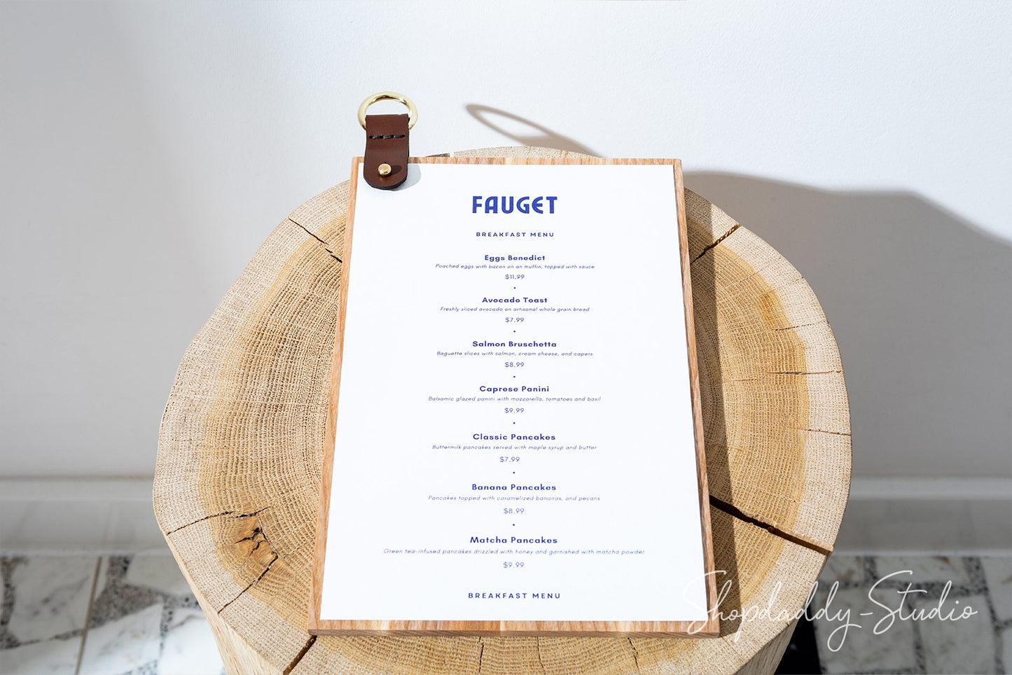 Wood Menu Holder with leather strap for drink menu