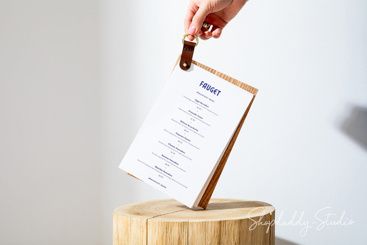 Wood Menu Holder with leather strap for wine list