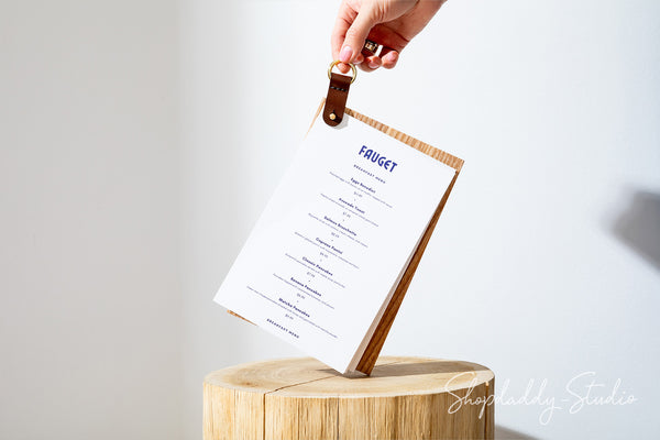 Wood Menu Holder with leather strap for wine list
