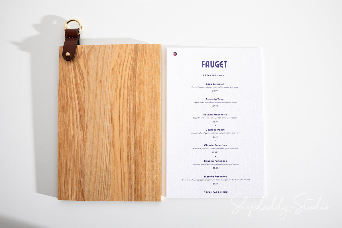 Wood Menu board with leather strap and metal ring