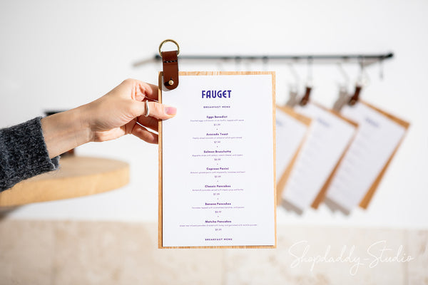 Wood Menu board with leather strap and metal ring for drink menu