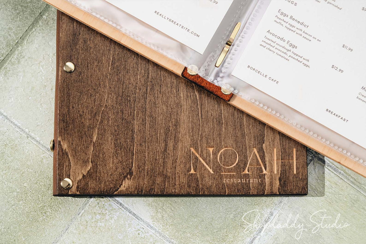 Wood and Leather Menu Book With Plastic Sleeves for restaurant