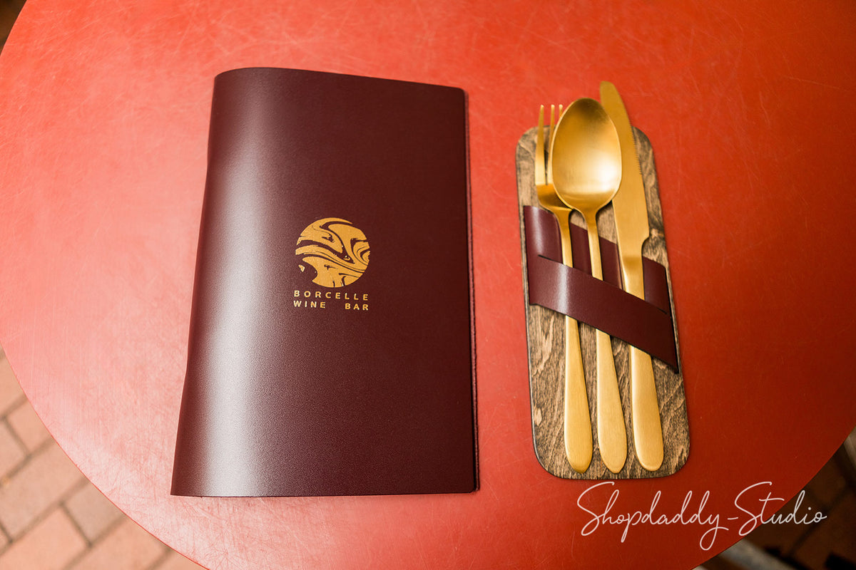 Wooden Cutlery Holder With Leather Strap with logo